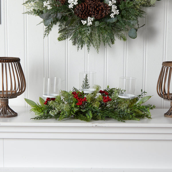 20” Holiday Winter Greenery and Berries Triple Candle Holder Artificial Christmas Table Arrangement