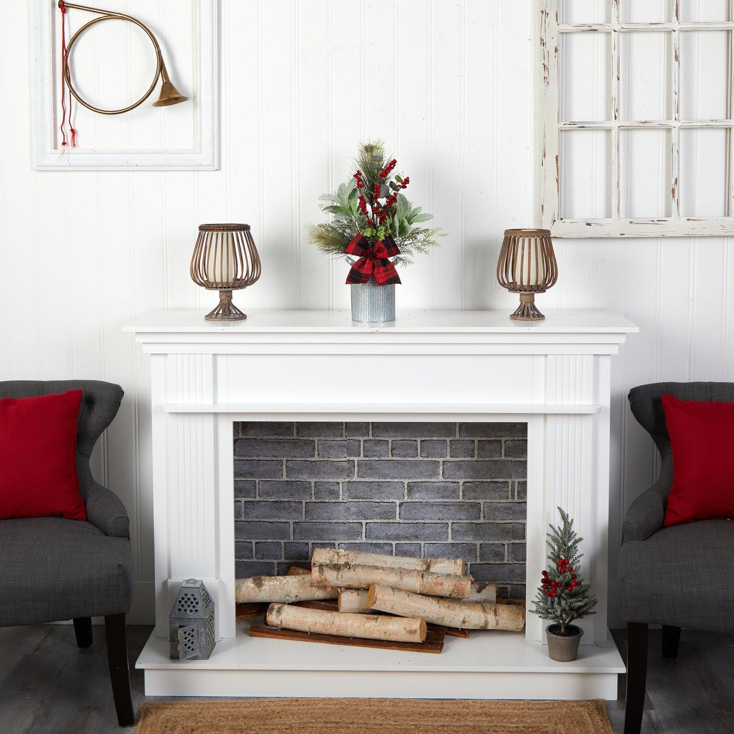 20" Holiday Winter Greenery, Pinecone and Berries with Buffalo Plaid Bow Christmas  Arrangement"