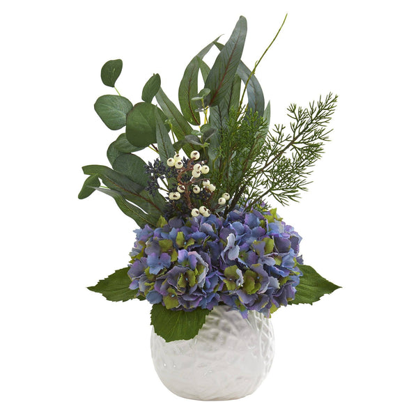 20” Hydrangea and Eucalyptus Artificial Arrangement in White Vase