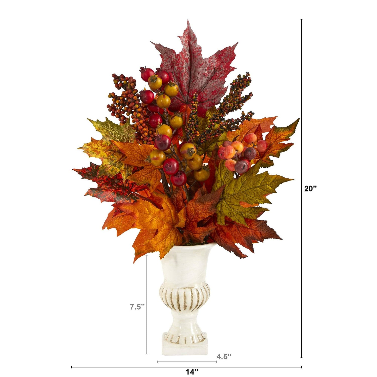 20” Maple Leaf and Berries Artificial Arrangement in White Urn