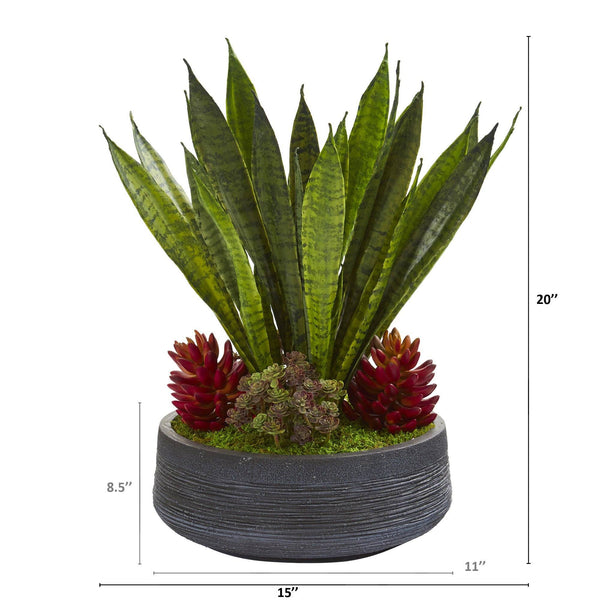 20” Succulent and Sansevieria Artificial Plant in Decorative Bowl