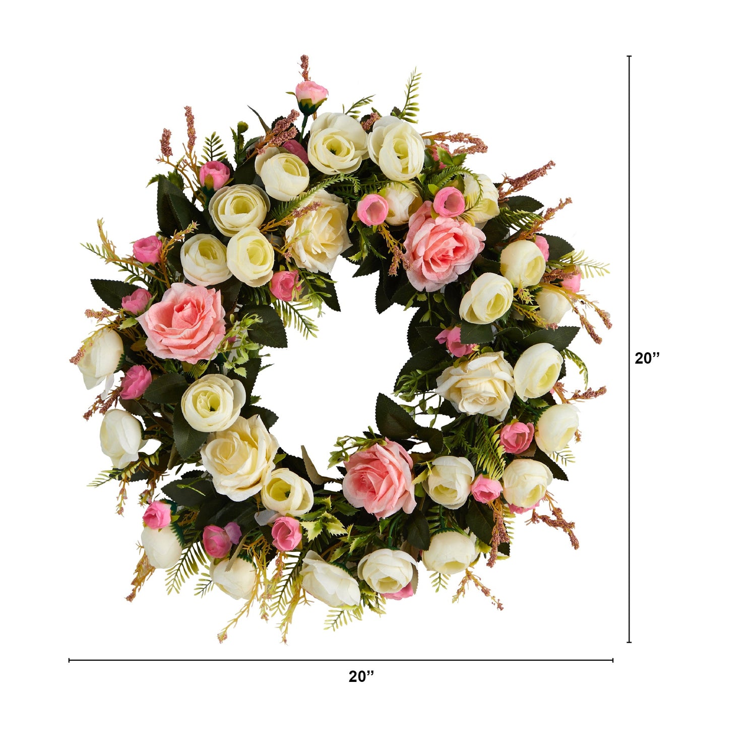 20” White & Pink Rose Artificial Wreath