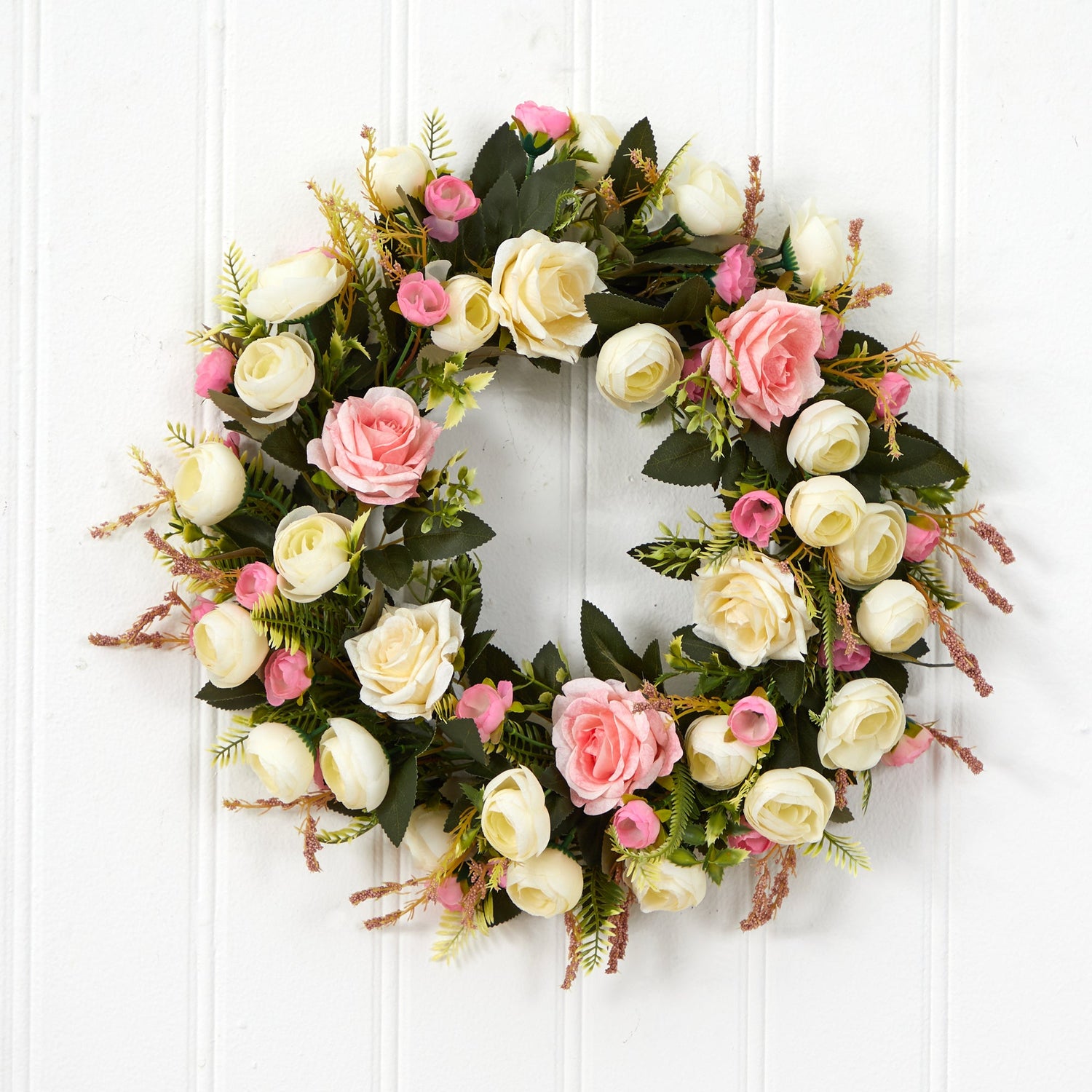 20” White & Pink Rose Artificial Wreath