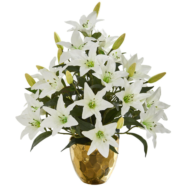 21” Lily Artificial Arrangement in Designer Gold Bowl