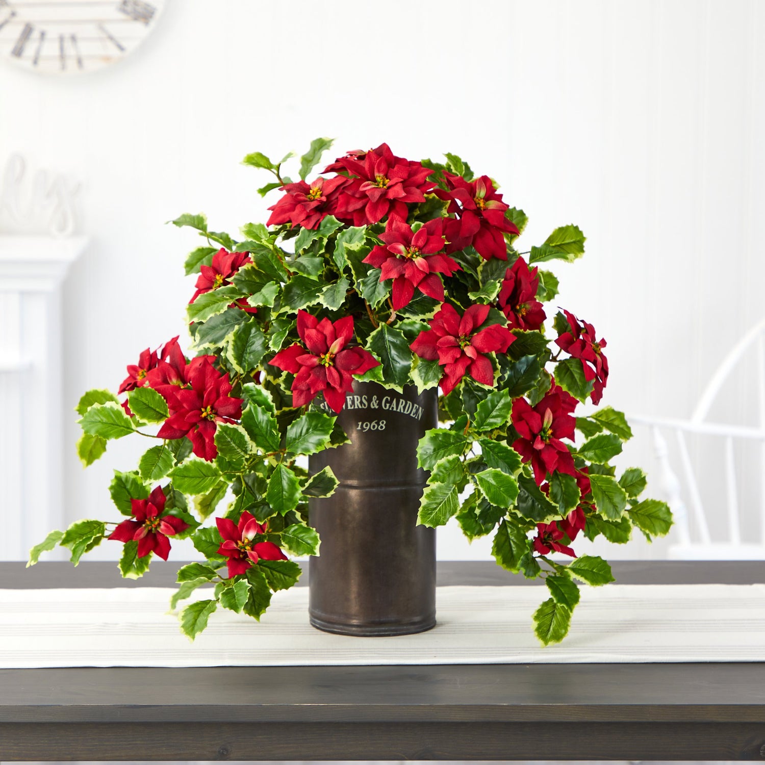 21” Poinsettia and Variegated Holly Artificial Plant in Decorative Planter (Real Touch)