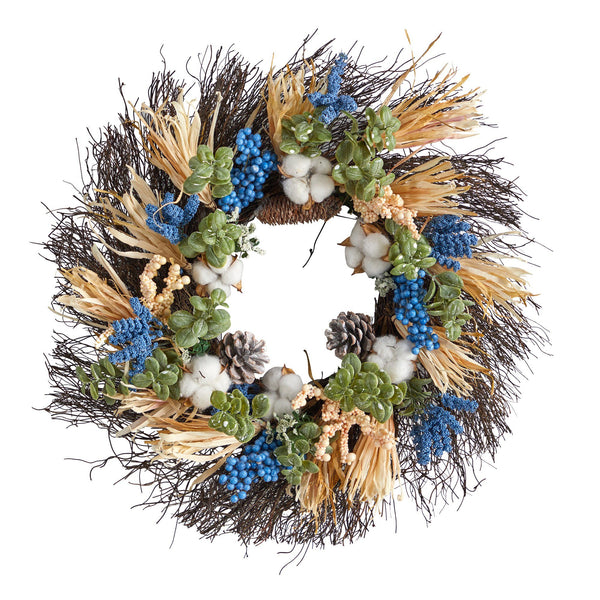 22” Autumn Cotton, Eucalyptus, Berries and Pinecones Artificial Fall Wreath
