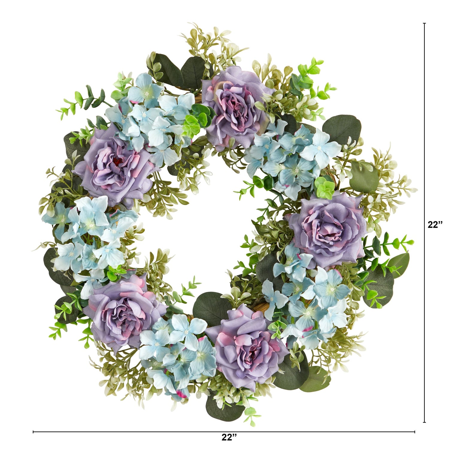 22” Blue Hydrangea and Purple Rose Artificial Wreath
