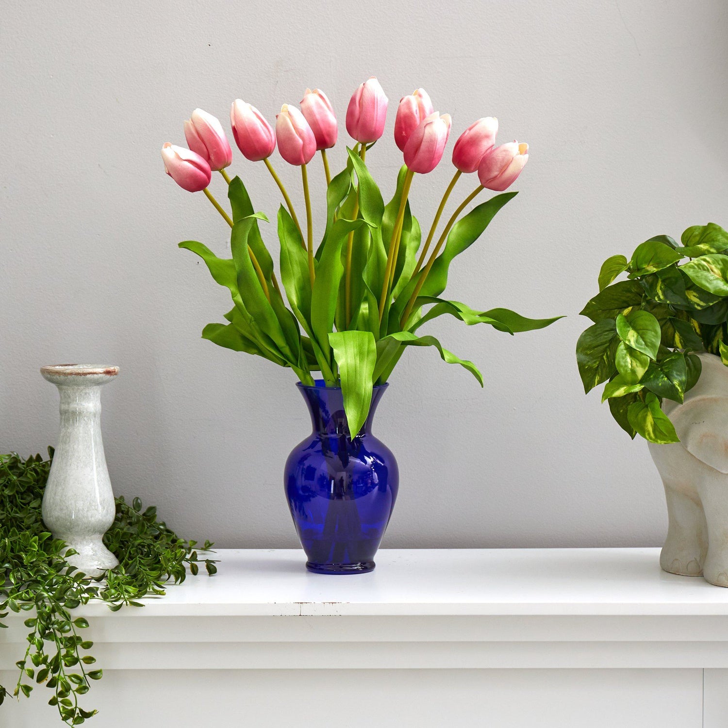 22” Dutch Tulip Artificial Arrangement in Blue Colored Vase