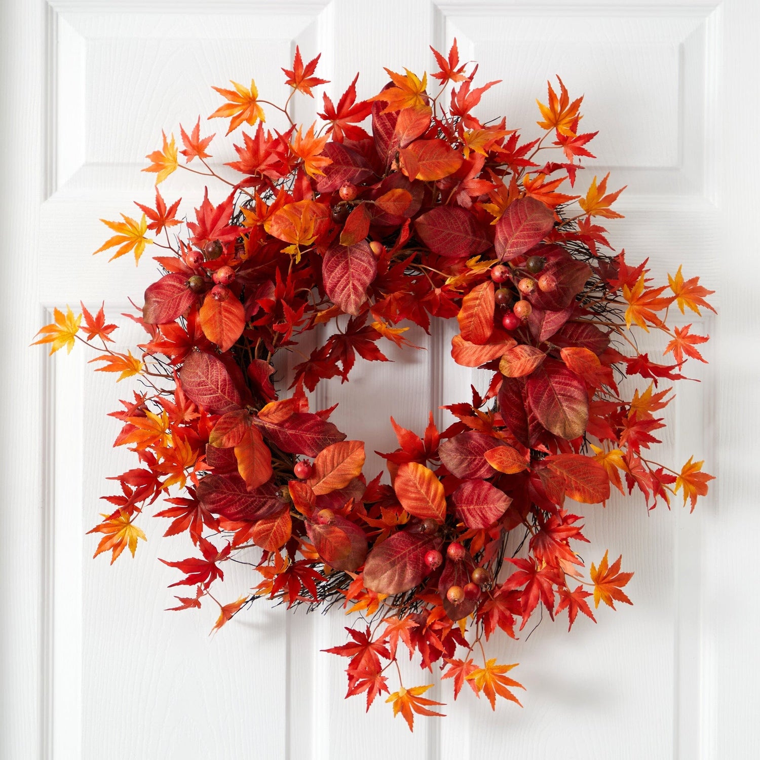 22” Japanese Maple, Magnolia Leaf and Berries Artificial Wreath