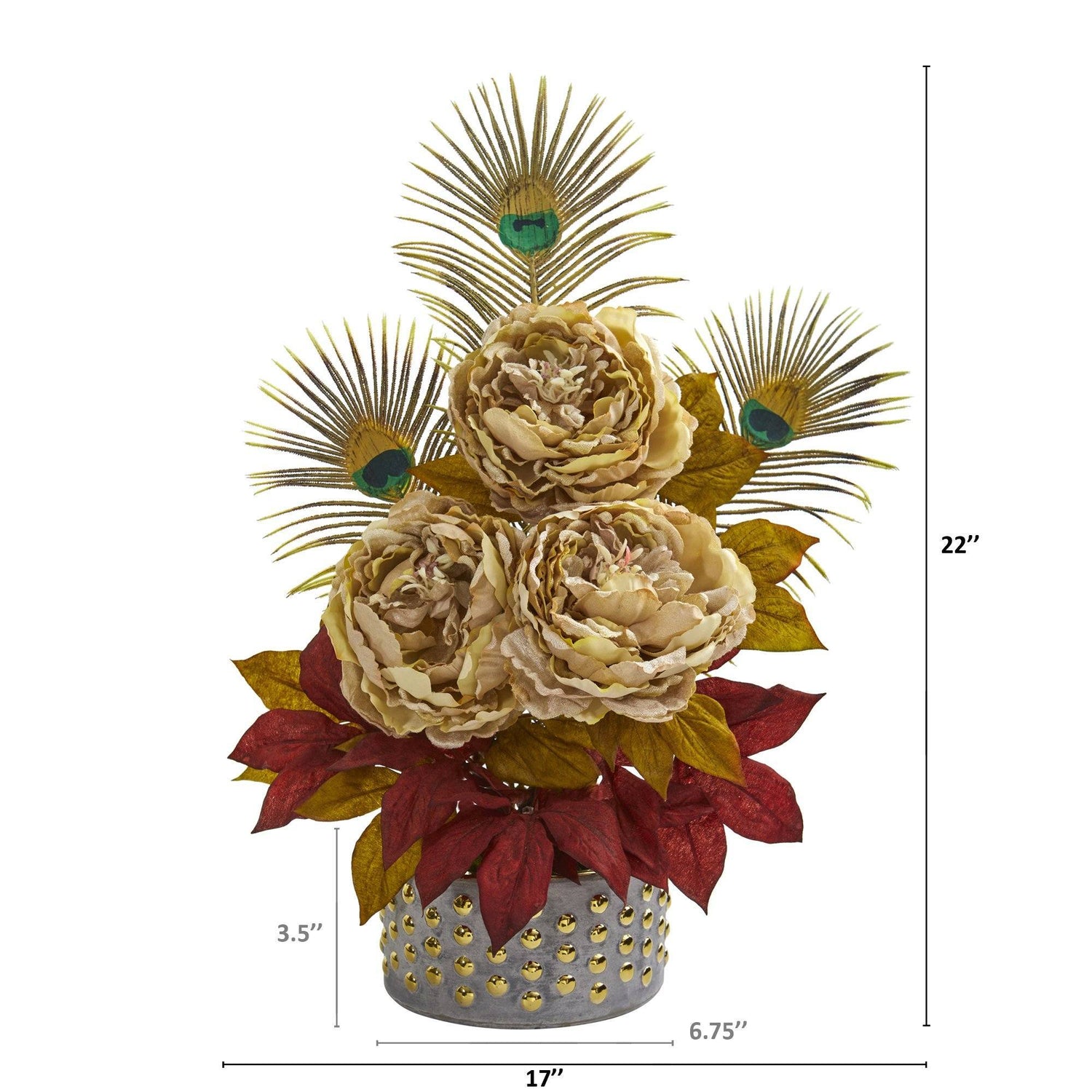 22” Peony and Peacock Feather Artificial Arrangement in Bowl with Gold Trimming
