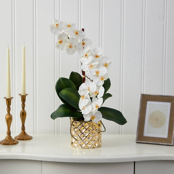 22” Phalaenopsis Orchid Artificial Arrangement in Gold Vase