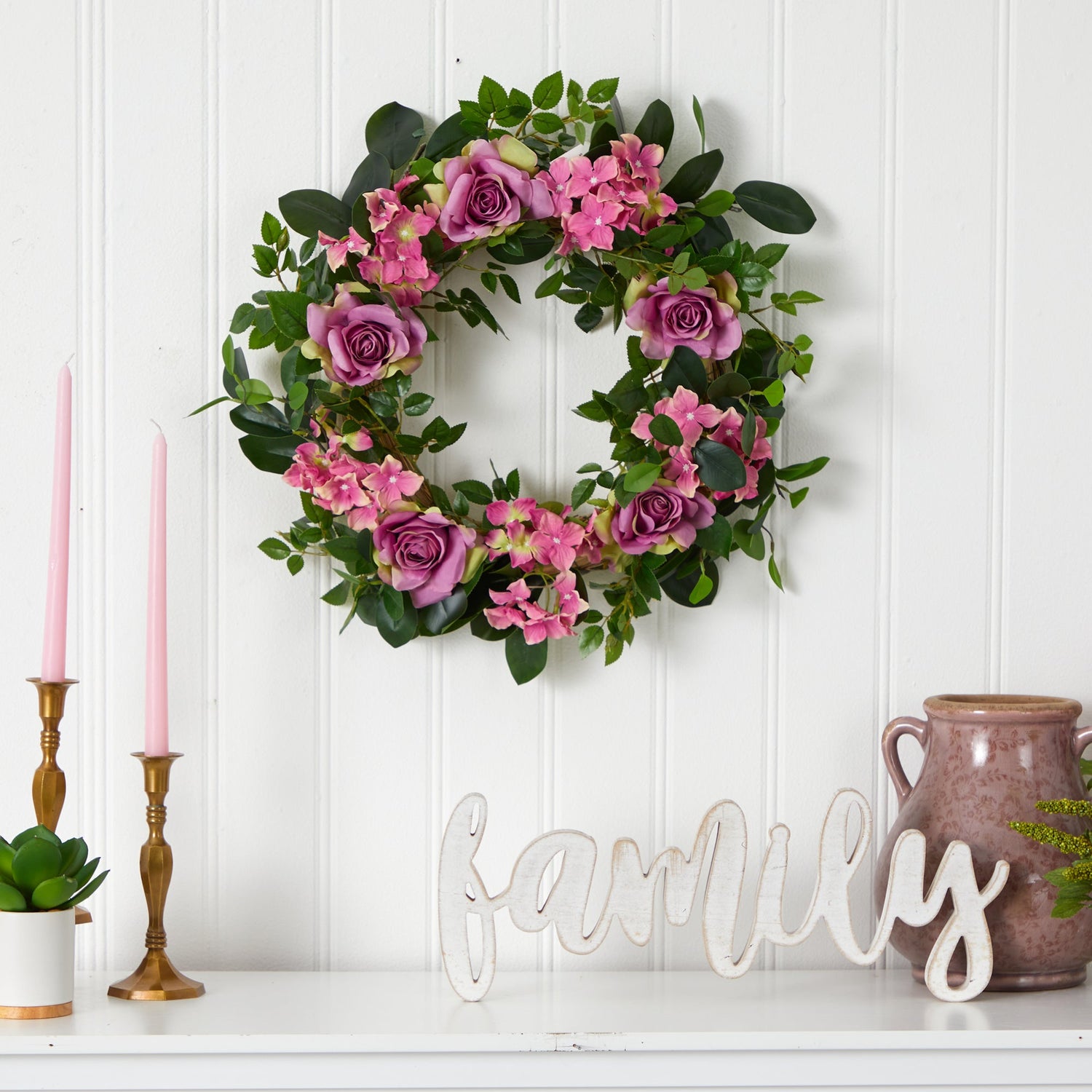 22” Pink Hydrangea and Rose Artificial Wreath