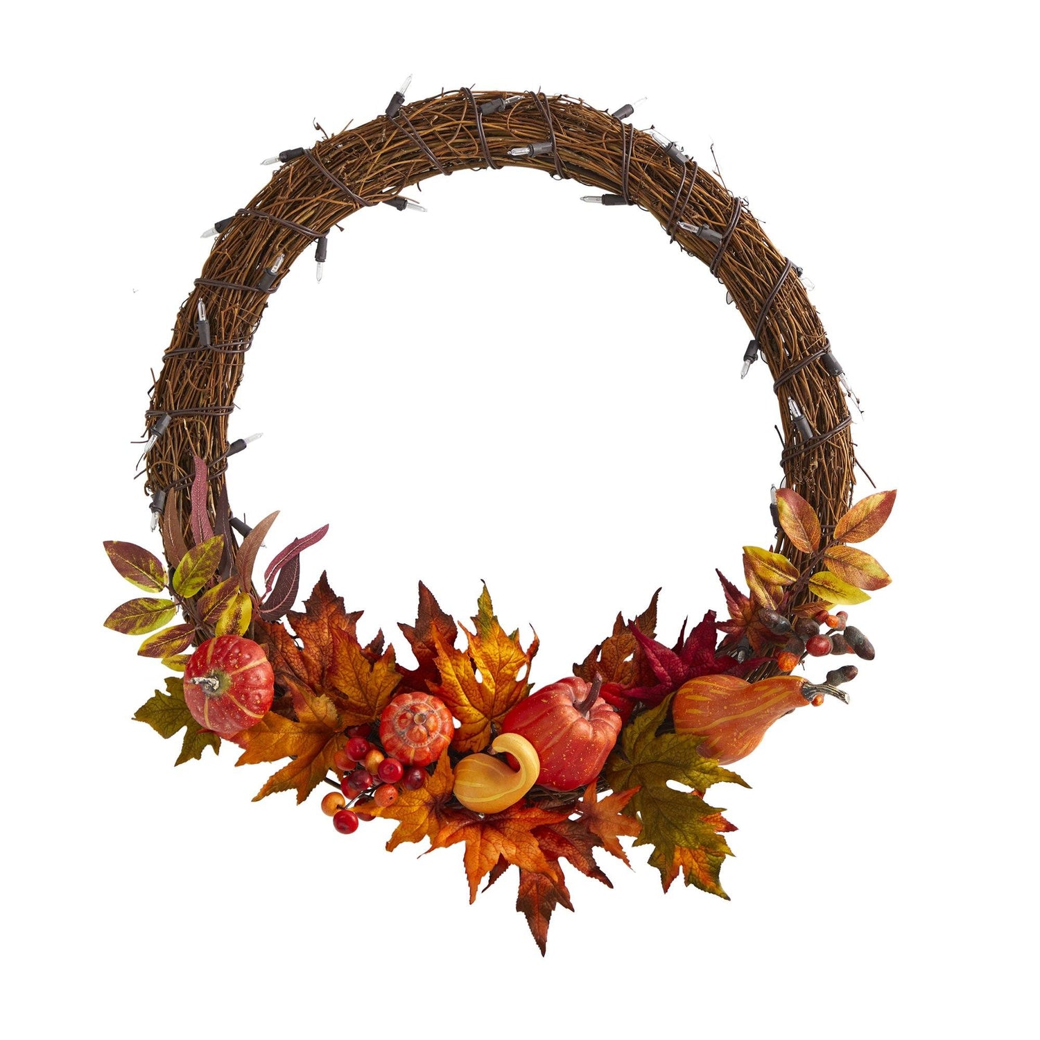 22” Pumpkin and Maple Artificial Autumn Wreath with 50 Warm White LED Lights