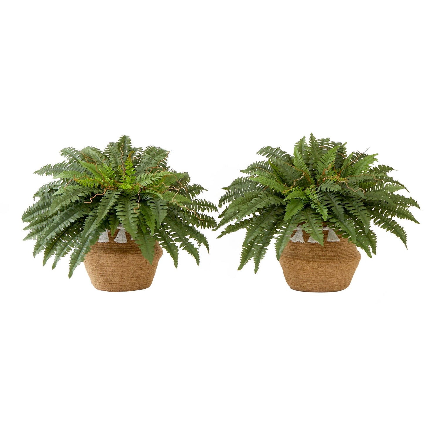23” Artificial Boston Fern Plant with Handmade Jute & Cotton Basket with Tassels DIY KIT - Set of 2