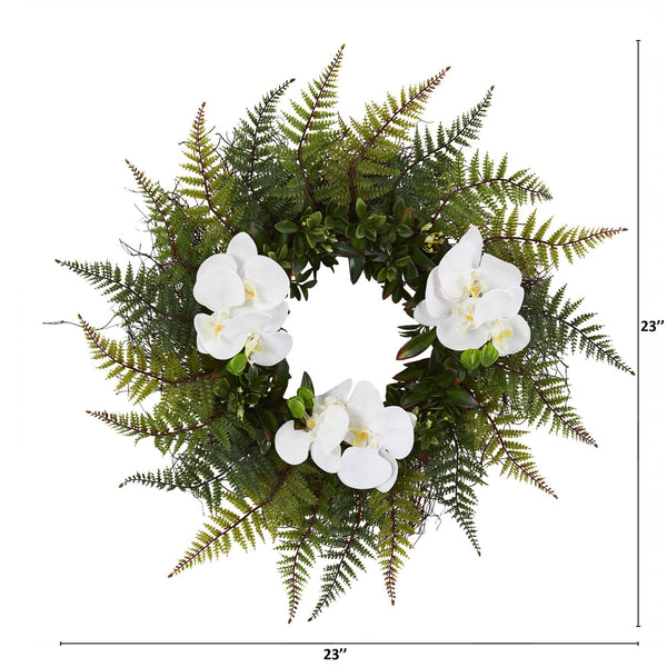 23” Assorted Fern and Phalaenopsis Orchid Artificial Wreath