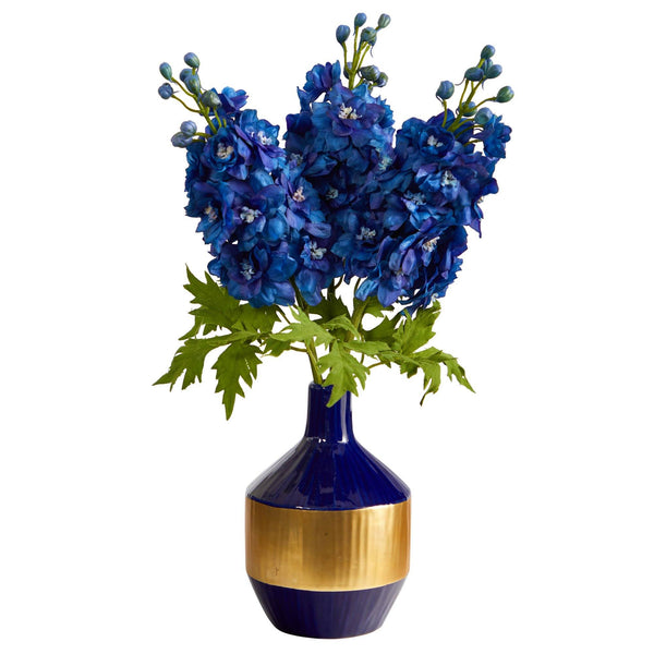 23” Delphinium Artificial Arrangement in Blue and Gold Designer Vase