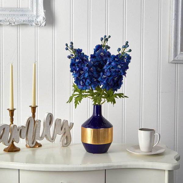 23” Delphinium Artificial Arrangement in Blue and Gold Designer Vase