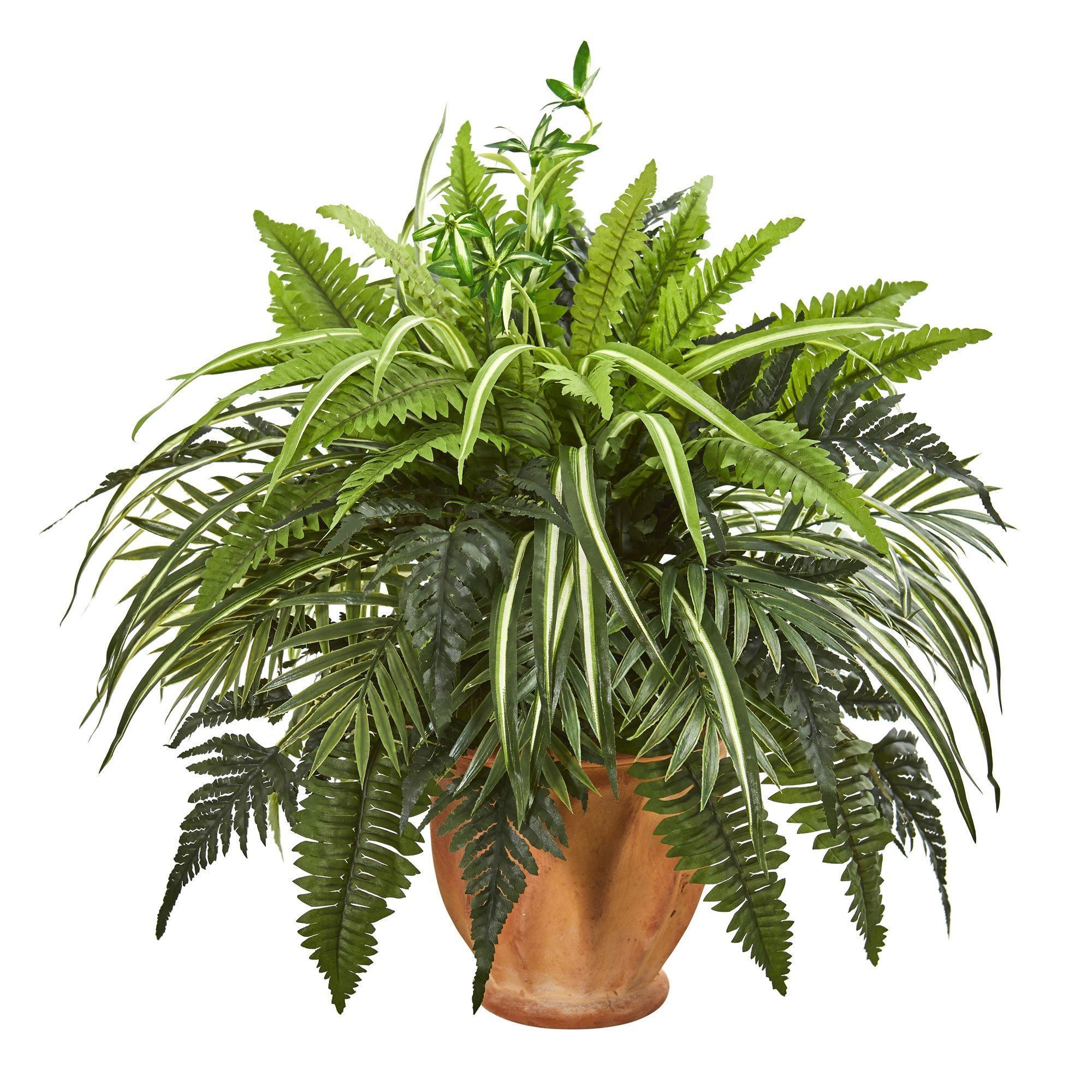 Nearly Natural 23in. Mixed Greens and Fern Artificial Plant in Terra Cotta Planter