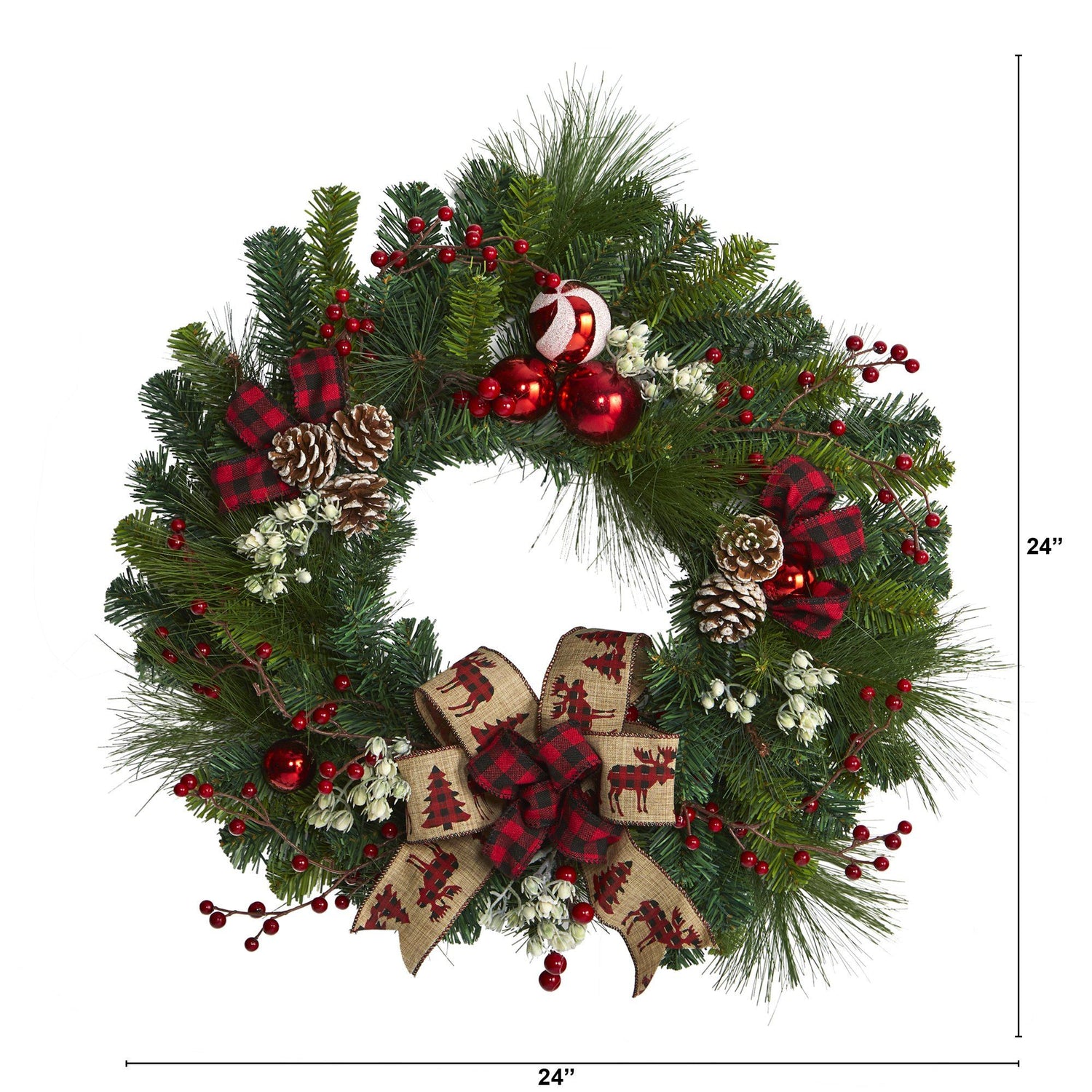 24” Christmas Pine Artificial Wreath with Pine Cones and Ornaments