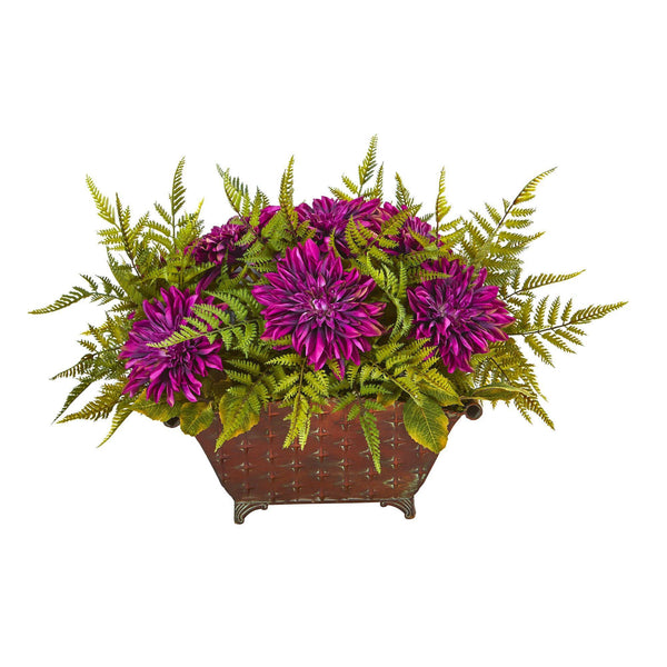 24” Dahlia and Fern Artificial Arrangement in Metal Planter