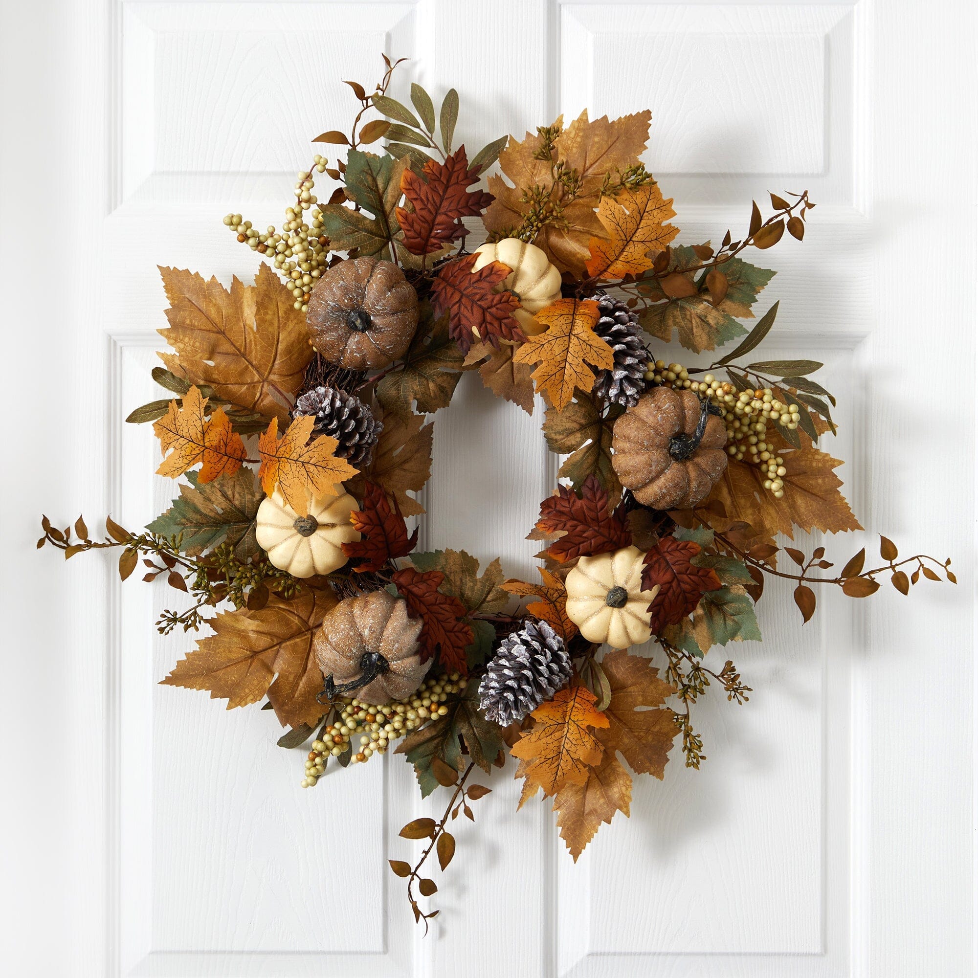 24” Fall Pumpkins, Pine Cones and Berries Artificial Wreath | Nearly Natural
