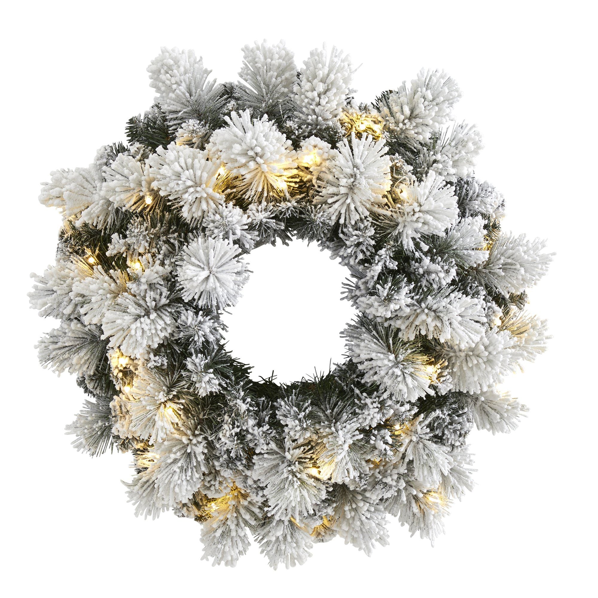 24” Flocked Artificial Christmas Wreath with 30 Warm White LED Lights ...