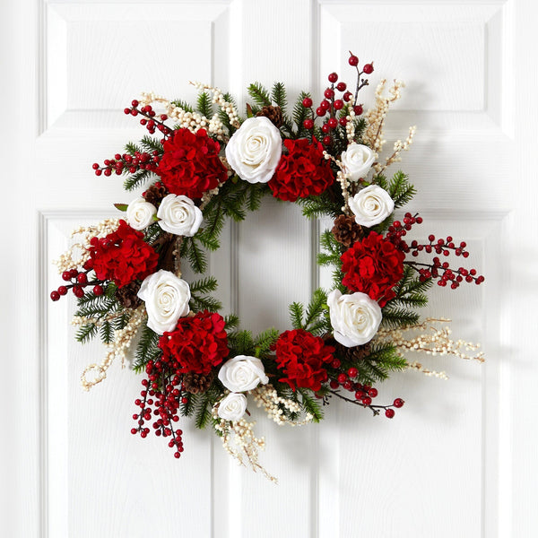 24" Hydrangea w/White Roses Wreath"