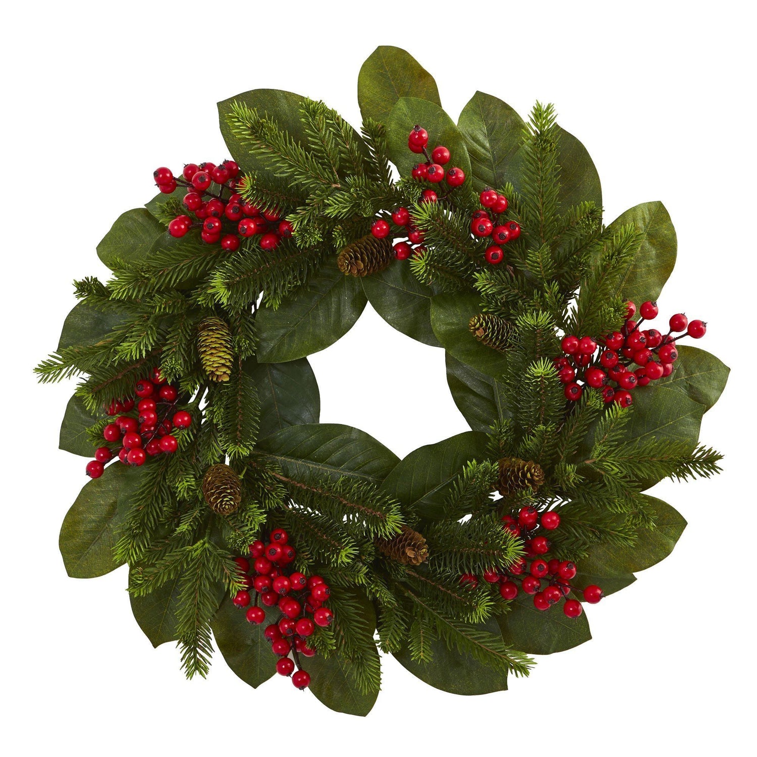 24” Magnolia Leaf, Berry and Pine Artificial Wreath