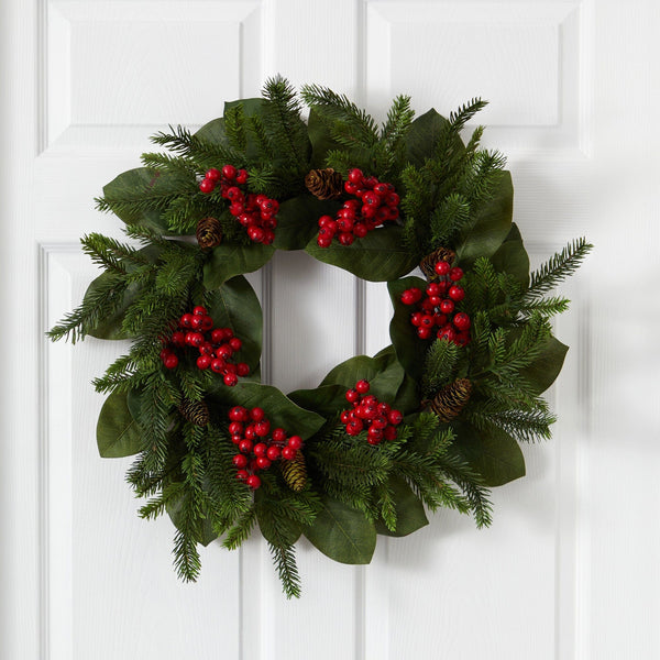 24” Magnolia Leaf, Berry and Pine Artificial Wreath