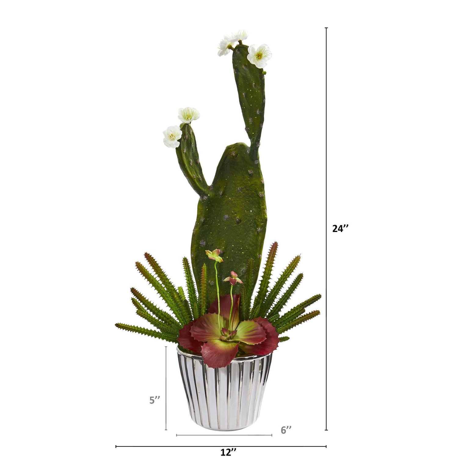 24” Mixed Cactus and Succulent Artificial Plant in White Planter with Silver Trimming
