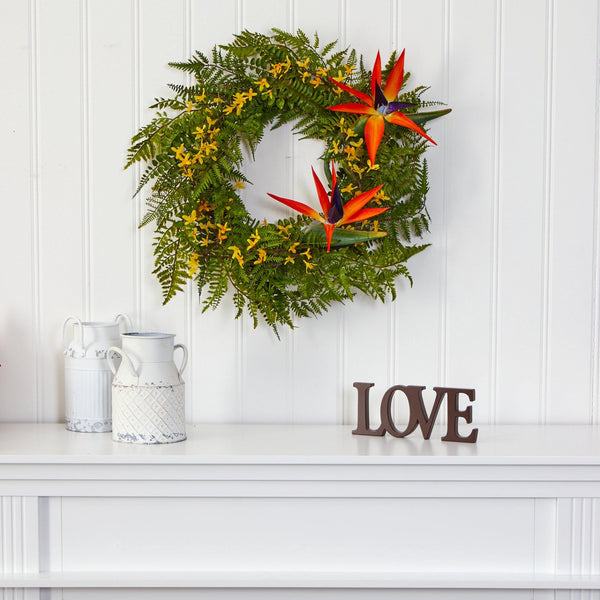 24” Mixed Fern, Forsythia and Bird of Paradise Artificial Wreath