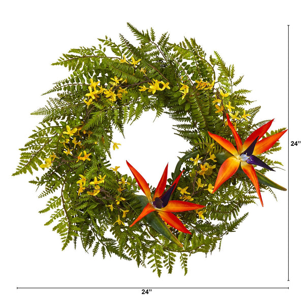 24” Mixed Fern, Forsythia and Bird of Paradise Artificial Wreath