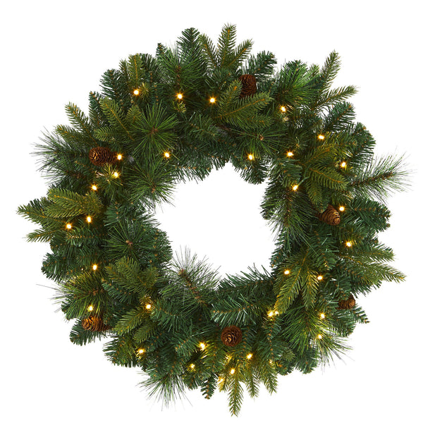 24” Mixed Pine Artificial Christmas Wreath with 35 Clear LED Lights and Pinecones