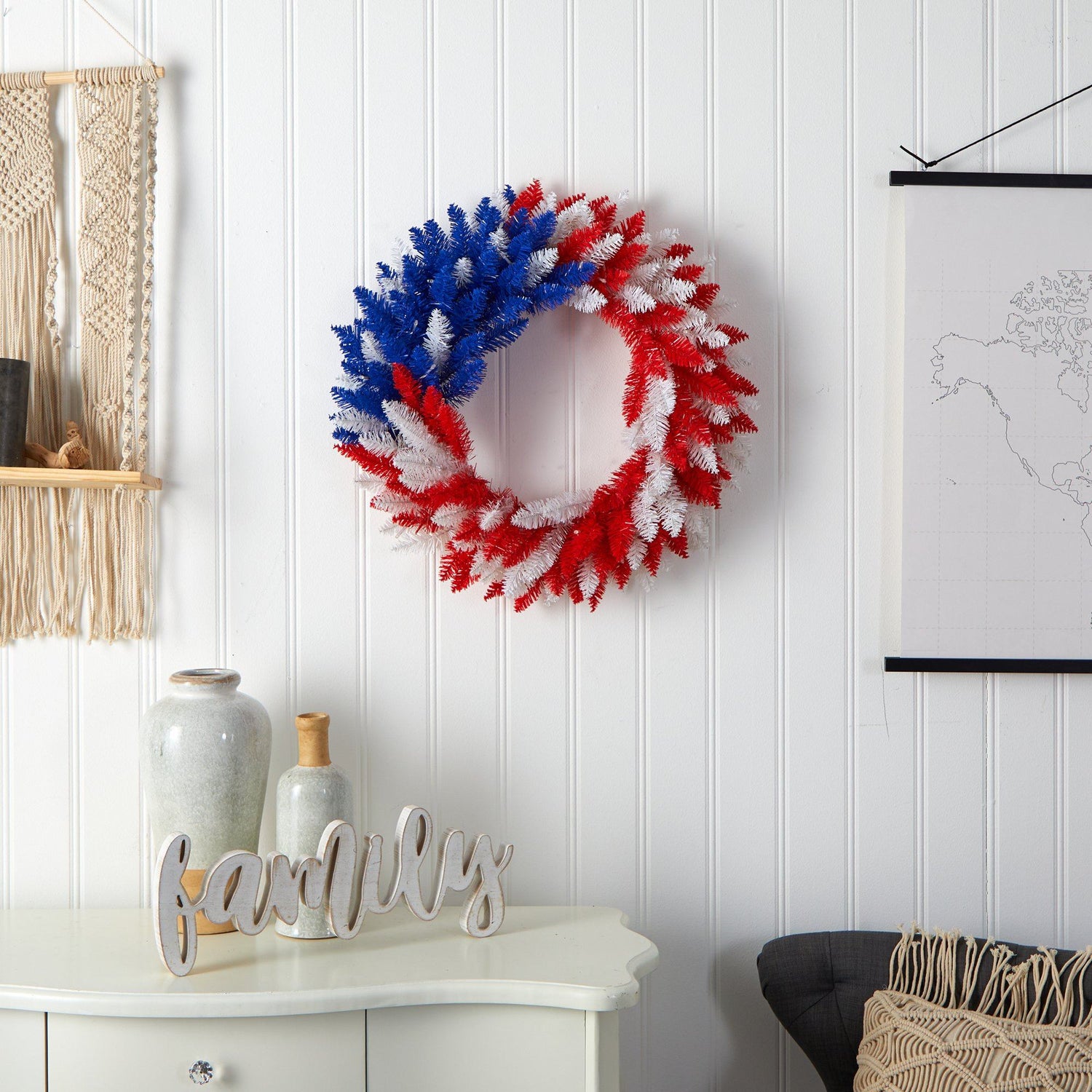 24” Patriotic Red, White and Blue “Americana” Wreath with 35 Warm LED Lights