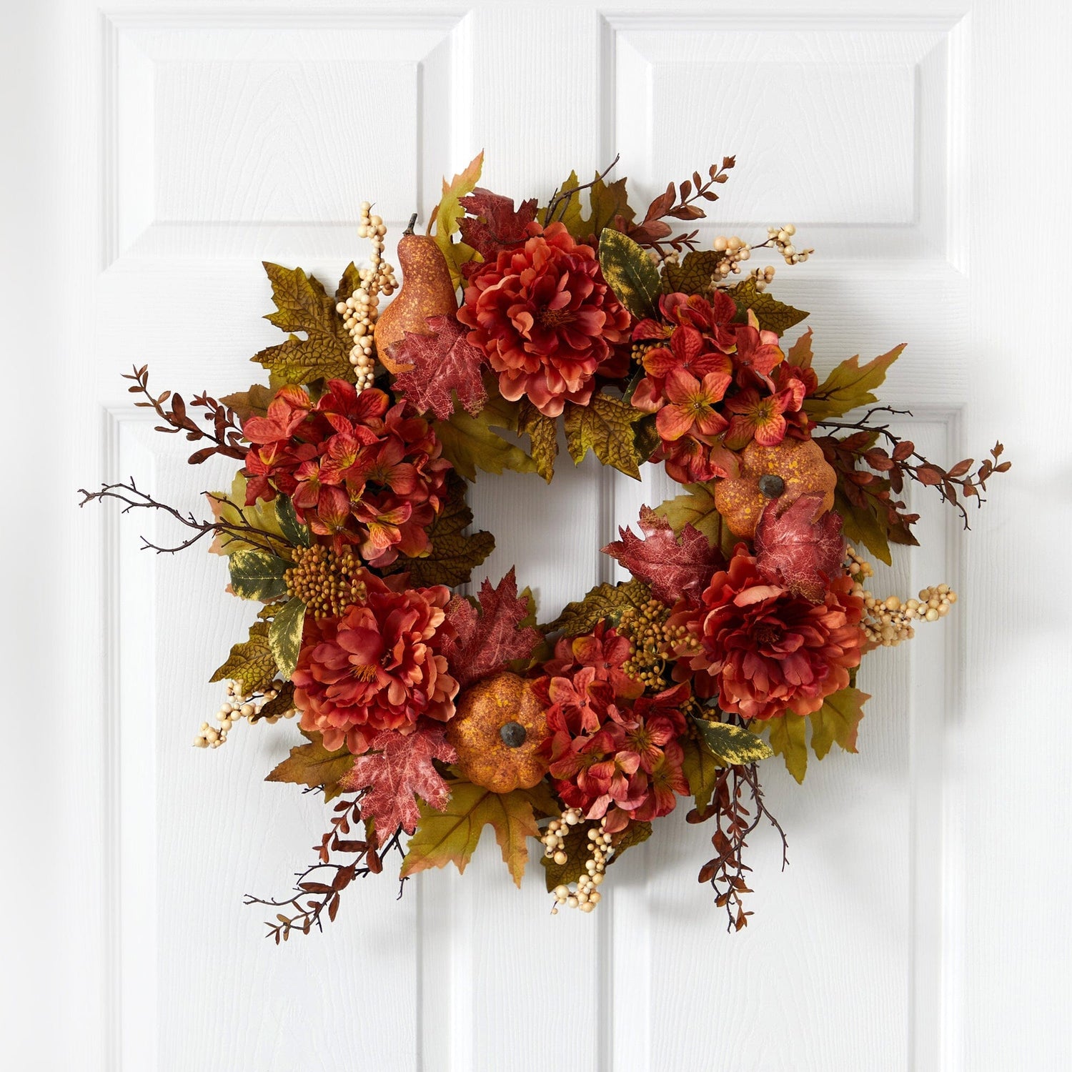 24” Peony, Hydrangea and Pumpkin Fall Artificial Wreath