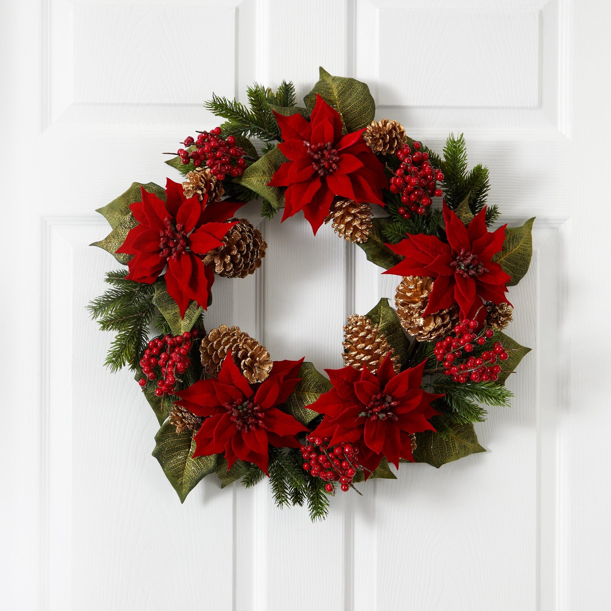 24” Poinsettia, Berry and Golden Pine Cone Artificial Wreath | Nearly ...