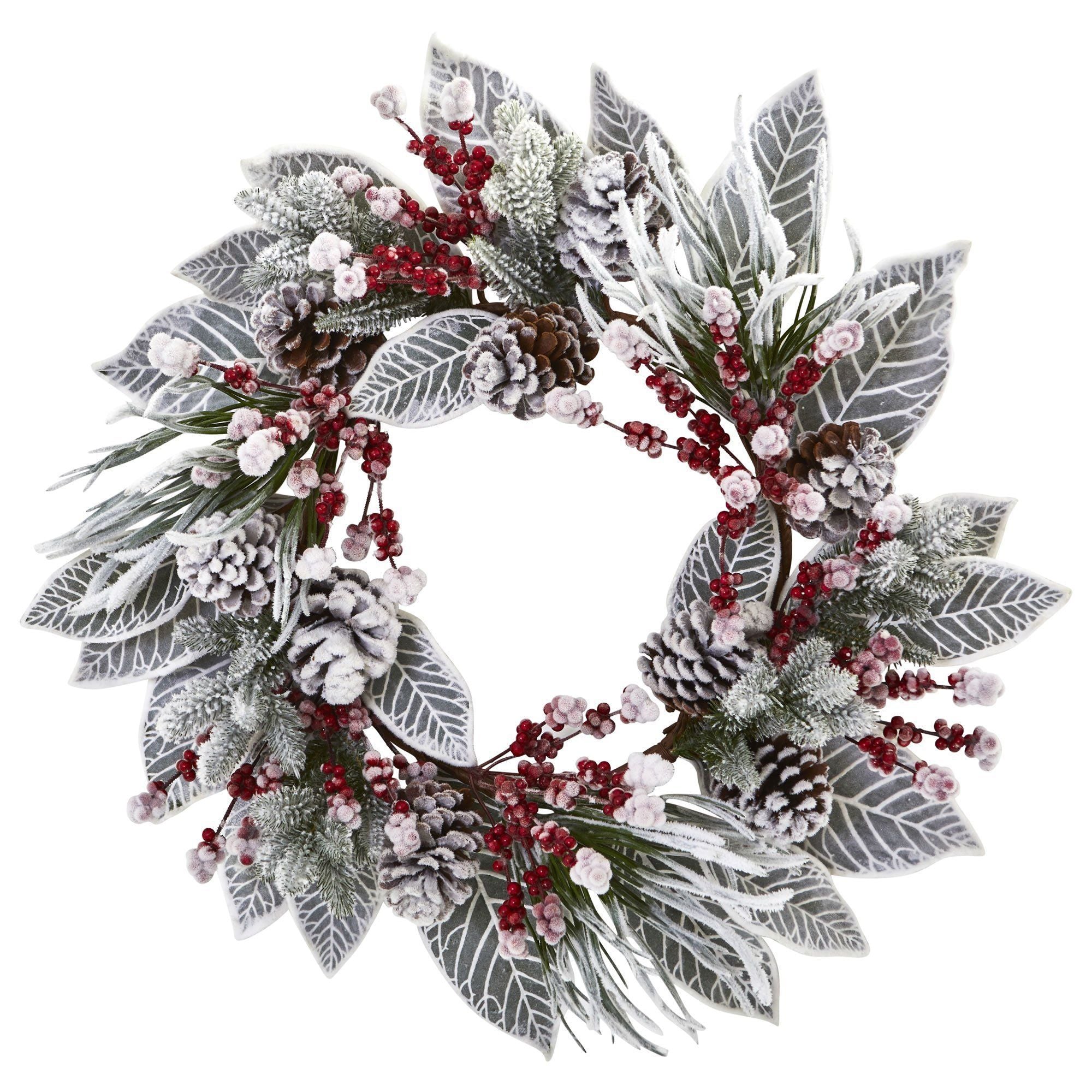Nearly Natural Frosted Magnolia & Berry Artificial Candelabrum Arrangement - Winter-Themed Faux Flowers With Pine & Snow