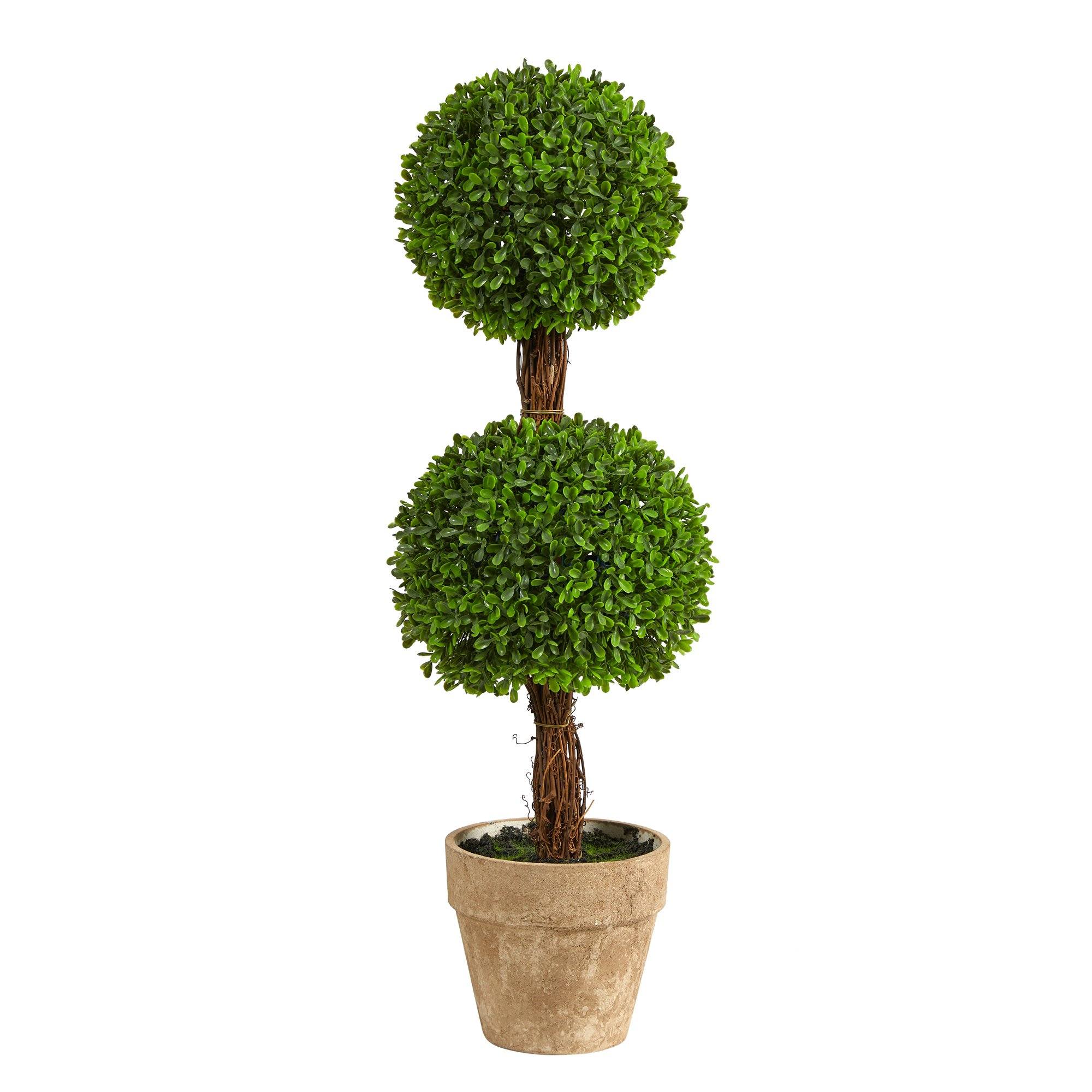 45 In. UV Resistant Artificial Triple Ball Boxwood Topiary With LED Lights In Decorative Planter (Indoor/Outdoor)