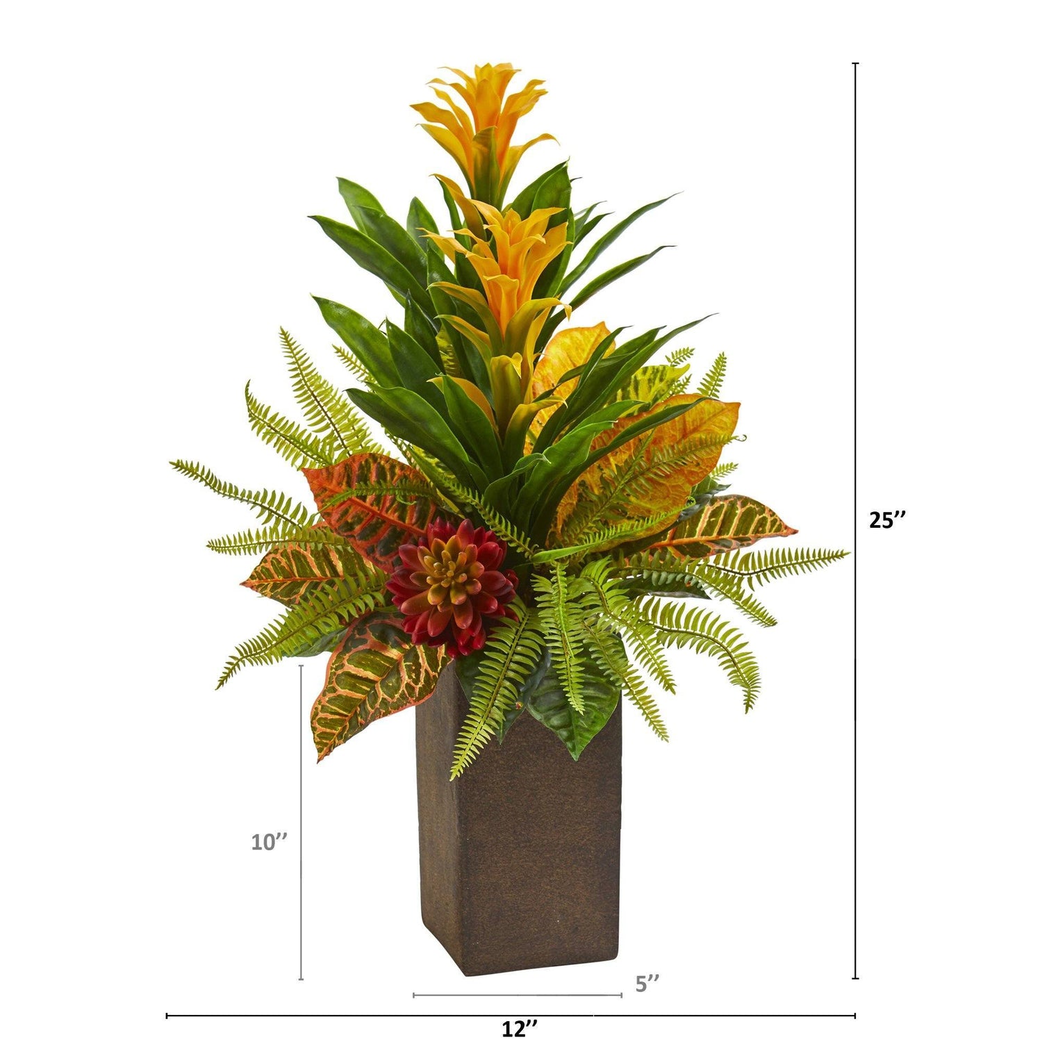 25” Bromeliad, Croton and Succulent Artificial Plant in Weathered Brown Planter