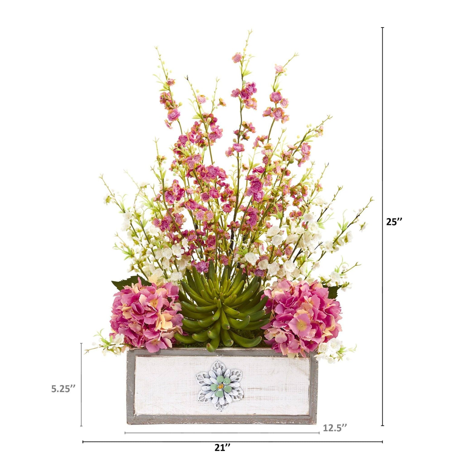 25” Cherry Blossom, Hydrangea and Succulent Artificial Arrangement in Decorative Wood Vase