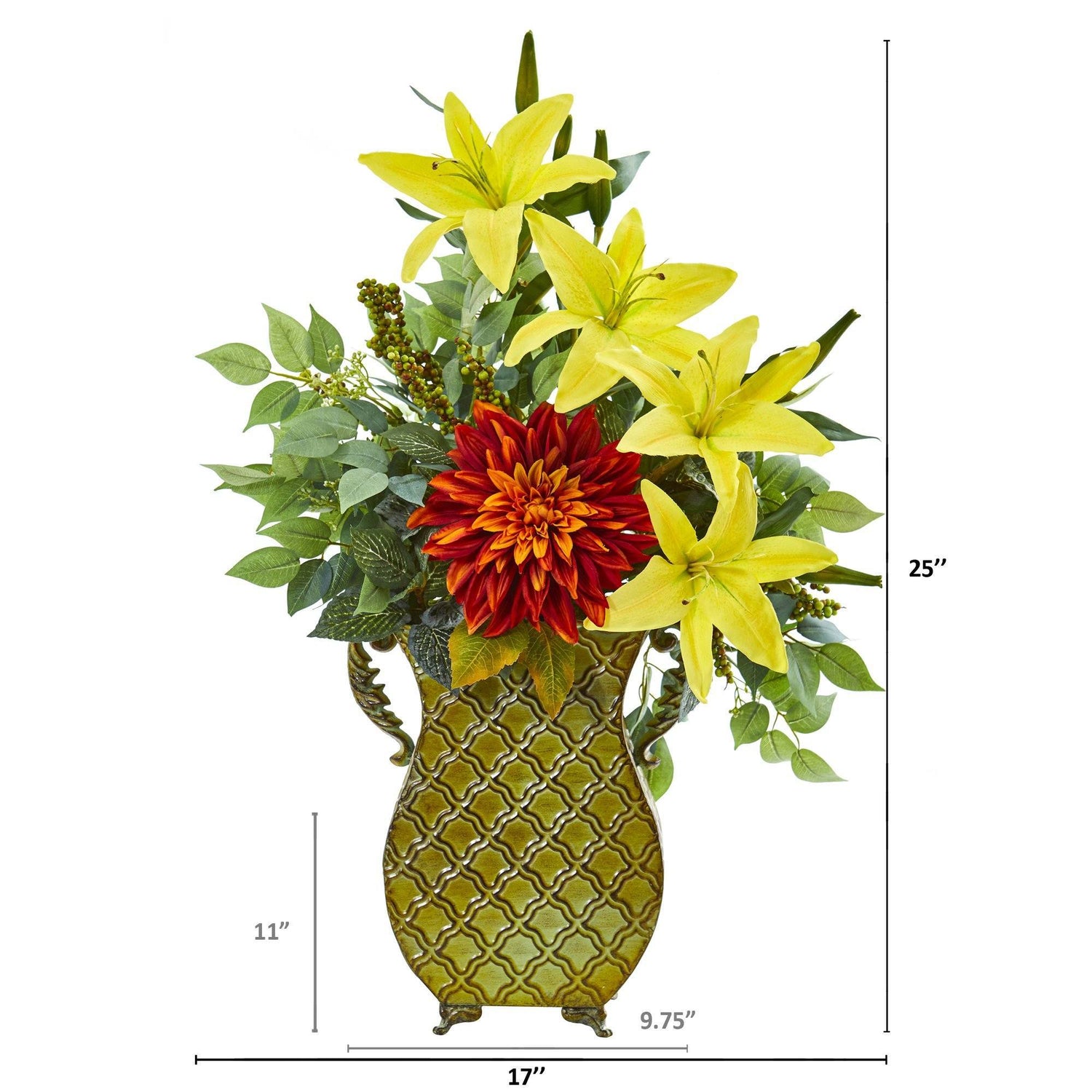 25” Dahlia, Lily and Ficus Artificial Plant in Metal Planter