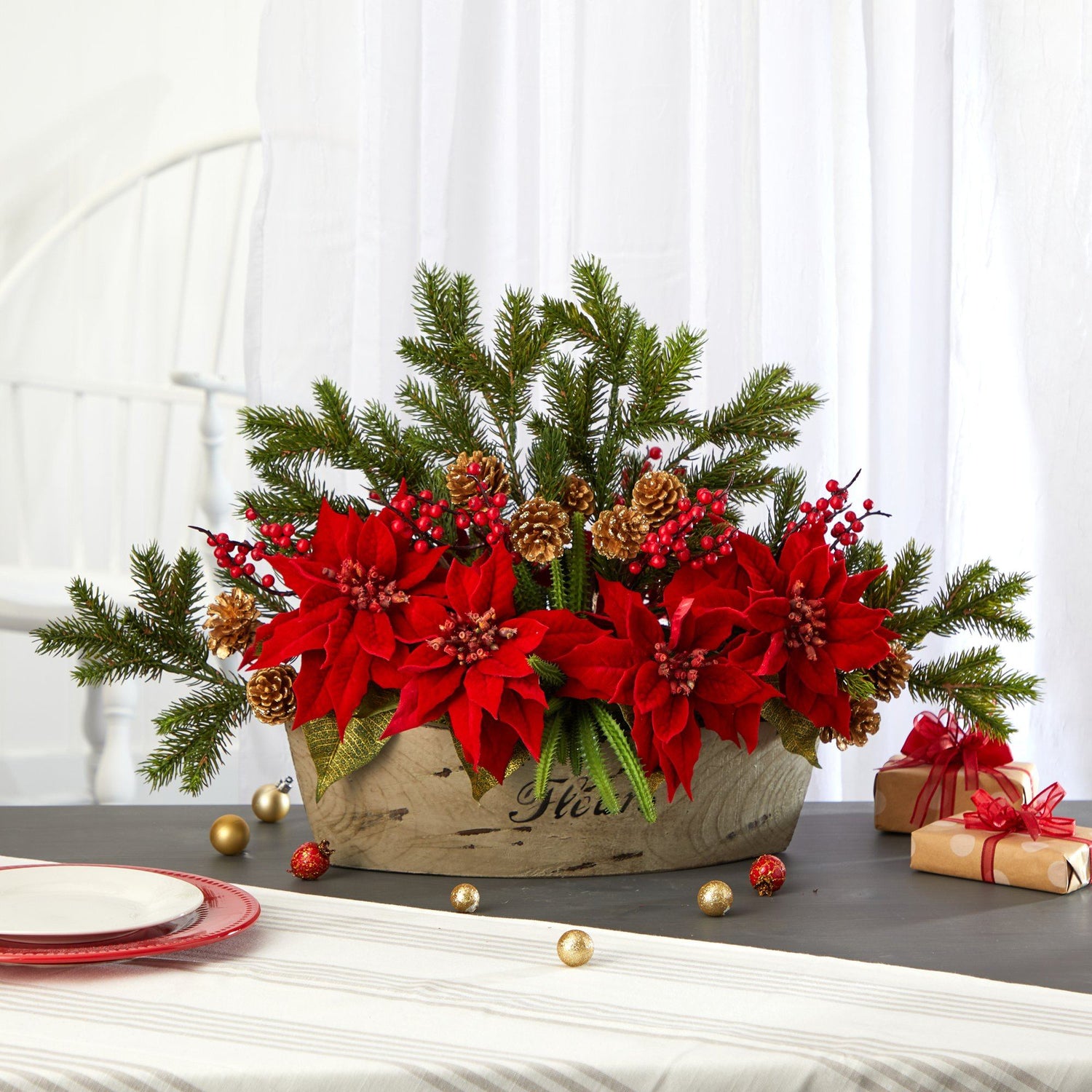25” Poinsettia, Succulent and Pine Artificial Arrangement in Decorative Vase