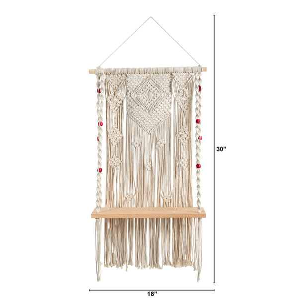 2.5’ x 1.5’ Bohemian Macrame Wall Hanging with Wooden Shelf