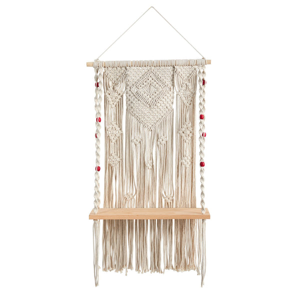 2.5’ x 1.5’ Bohemian Macrame Wall Hanging with Wooden Shelf
