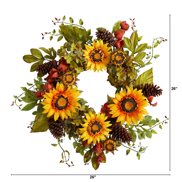 26” Fall Hydrangea, Sunflower and Pinecones Artificial Autumn Wreath