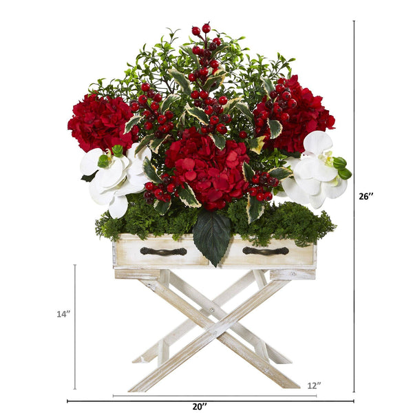 26” Hydrangea, Phalaenopsis Orchid and Holly Berry Artificial Arrangement in Drawer Planter