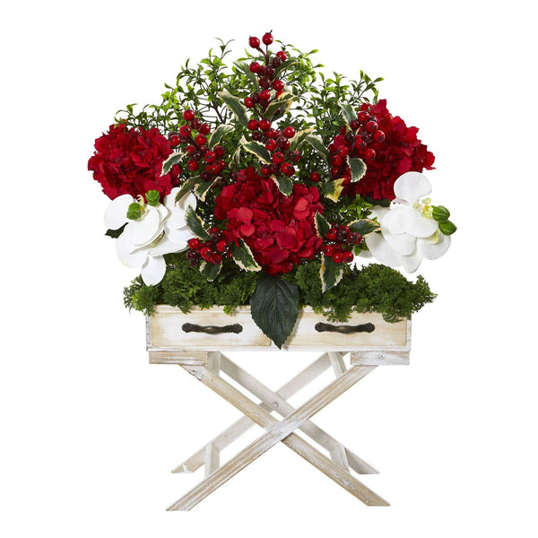 26” Hydrangea, Phalaenopsis Orchid and Holly Berry Artificial Arrangement in Drawer Planter