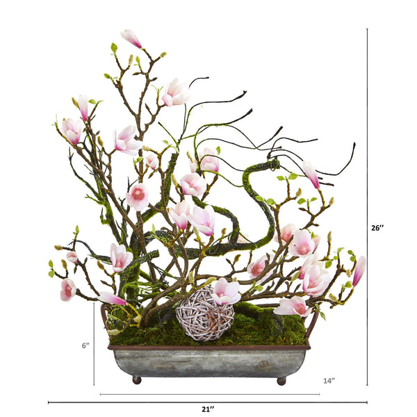 26” Magnolia, Twig and Vine Artificial Arrangement in Decorative Tray