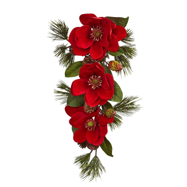 26” Red Magnolia & Pine Tear Drop