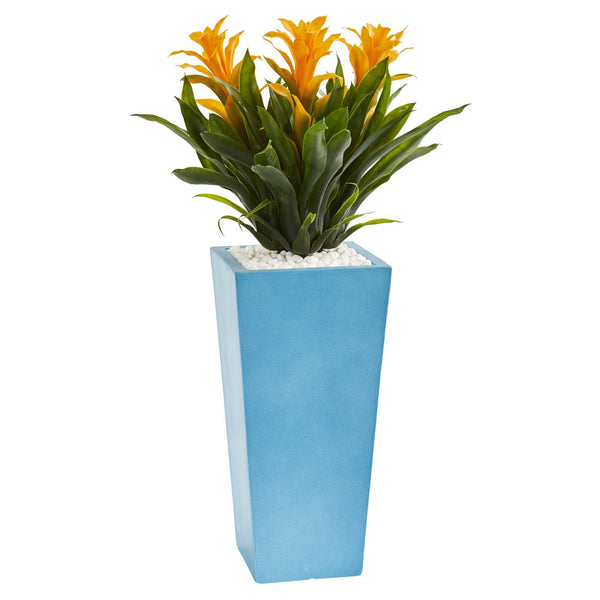 26” Triple Bromeliad Artificial Plant in Turquoise Tower Vase